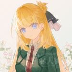  1girl absurdres agnes_claudel aramis_high_school_uniform blonde_hair blue_eyes braid braided_base bun_with_braided_base closed_mouth collared_shirt commentary_request eiyuu_densetsu green_jacket hair_between_eyes hair_bun head_tilt highres jacket kuro_no_kiseki_(series) kuro_no_kiseki_i long_hair looking_at_viewer necktie plaid_clothes plaid_necktie red_necktie school_uniform shirt single_side_bun smile solo upper_body watermark watermark_grid white_background white_shirt yazawa_yuki 