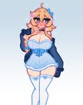  1girl blonde_hair blue_eyes blush bow braid breasts choker commentary dress english_commentary feet_out_of_frame flying_sweatdrops hair_between_eyes hair_bow heart highres indie_virtual_youtuber large_breasts limebreaker long_sleeves solo thighhighs virtual_youtuber whiskey_project zettai_ryouiki 