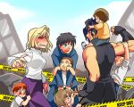  2girls 6+boys :o akariya_kuubu arcueid_brunestud black_eyes black_gloves black_hair black_pants black_shirt black_shoes blonde_hair blue_eyes blue_jacket blue_pants blush breasts brown_eyes brown_hair building carrying caution_tape chinese_clothes city closed_eyes commentary_request crying day destruction fingerless_gloves fingernails flustered flying_sweatdrops gakuran gloves green_shorts grey_hoodie hair_intakes hand_up holding_another's_finger hood hoodie jacket keep_out kishima_kouma long_skirt looking_at_another melty_blood multiple_boys multiple_girls muscular muscular_male orange_eyes orange_hair orange_shirt pants piggyback purple_skirt red_eyes school_uniform sharp_fingernails sharp_teeth shirt shoes short_hair shorts sidelocks skirt skirt_tug sleeveless sleeveless_shirt smile sneakers sweat sweater t-shirt tangzhuang tears teeth thick_eyebrows tohno_shiki tsukihime turtleneck turtleneck_sweater twintails white_shirt 