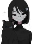  1girl animal animal_on_shoulder artist_name black_cat bleeding blood blush cat glasses hair_between_eyes highres inoue_warabi looking_at_viewer medium_hair original semi-rimless_eyewear simple_background slit_pupils sparkle sparkling_aura sweater turtleneck turtleneck_sweater white_background 