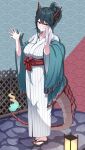  1girl absurdres black_hair breasts commentary_request dragon_girl dragon_horns dragon_tail full_body grin hajikami_eleme highres horns indie_virtual_youtuber japanese_clothes kaiju_ryoku kimono lantern large_breasts looking_at_viewer nail_polish red_eyes red_horns red_nails sandals seigaiha smile solo standing tail towel yukata 