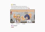  2girls ahoge apron blonde_hair cho_kaguya-hime! commentary english_commentary english_text food green_eyes hair_bun heart highres kaguya_(cho_kaguya-hime!) long_hair mole mole_under_eye multiple_girls omnlet pancake pink_apron purple_hair red_eyes sakayori_iroha shirt smile white_shirt 