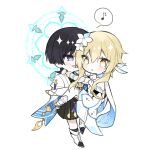  1boy 1girl arm_cutout arms_around_neck black_bodysuit black_bridal_gauntlets black_corset black_hair black_sandals black_shorts blonde_hair blue_feathers blue_flower blue_gem blue_halo blue_trim blunt_ends blush bodysuit bridal_gauntlets cape carrying chibi chibi_only clothing_cutout commentary_request corset detached_sleeves dress eyelashes eyeliner feather_hair_ornament feathers flower furisode gem genshin_impact gold_ring gold_shoes gold_trim hair_flower hair_ornament hakama hakama_shorts halo halo_behind_head hand_on_another's_back hand_on_another's_thigh hands_on_another's_shoulder hetero japanese_clothes kimono kusa_013yyds leg_warmers looking_at_another lumine_(genshin_impact) makeup mandala medium_dress middle_ring multicolored_feathers multicolored_flower musical_note open_mouth pleated_shorts princess_carry purple_cape purple_eyes purple_rope red_eyeliner rope sandals scaramouche_(genshin_impact) scarf shoes short_hair short_hair_with_long_locks short_sleeves shorts side_cape sidelocks spoken_musical_note thighhighs toeless_legwear tsurime vambraces vision_(genshin_impact) wanderer_(genshin_impact) white_background white_dress white_feathers white_flower white_kimono white_leg_warmers white_mouth white_scarf white_sleeves white_thighhighs white_trim yellow_eyes zouri 