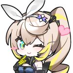  1girl :> artist_request blonde_hair blush_stickers chibi chibi_only chinese_commentary commentary_request finger_to_own_chin girls'_frontline girls'_frontline_2:_exilium hair_ribbon heart lowres official_art one_eye_closed ribbon second-party_source sharkry_(girls'_frontline_2) side_ponytail solo transparent_background 