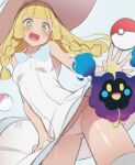  1girl bangs blonde_hair blunt_bangs blush braid breasts collared_dress commentary_request cosmog crying dress from_below green_eyes hat lillie_(pokemon) long_hair looking_down open_mouth panties poke_ball poke_ball_(basic) pokemon pokemon_(creature) pokemon_(game) pokemon_sm shiny shiny_skin sleeveless sleeveless_dress sun_hat sundress tears tongue tostos twin_braids underwear white_dress white_panties 