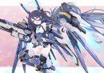  1girl aris_(armed)_(blue_archive) aris_(blue_archive) black_hair blue_archive blue_eyes blue_halo blue_leotard blue_necktie breasts commentary_request gloves groin gun hair_between_eyes halo headgear highres holding holding_gun holding_weapon leotard long_hair long_hair_between_eyes looking_at_viewer mecha_musume mechanical_arms mechanical_legs mechanical_wings multicolored_leotard necktie open_mouth railgun rectangular_halo sarasadou_dan small_breasts smile solo thighs thrusters twintails very_long_hair weapon white_gloves white_leotard wings 