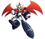  1boy alternate_costume arm_cannon armor blank_eyes blue_armor clenched_hand commentary crossover english_commentary full_body fusion gem helmet highres horns male_focus mazinger_(series) mazinkaiser mazinkaiser_(robot) mechanical_arms mega_man_(series) mega_man_x_(series) science_fiction simple_background ultimatemaverickx weapon white_background white_helmet wings x_(mega_man) yellow_eyes 
