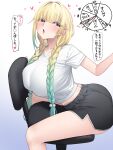  1girl aizawa_ema aizawa_ema_(4th_costume) aqua_hair blonde_hair blue_eyes braid breasts commentary_request gradient_hair highres karakari large_breasts long_hair low_twin_braids multicolored_hair sexually_suggestive shirt shorts sitting sitting_backwards solo speech_bubble twin_braids virtual_youtuber vspo! white_shirt 