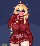 1girl @_@ blonde_hair blue_eyes blush bow braid breasts claymore_(mine) commentary cowboy_shot english_commentary english_text explosive flying_sweatdrops hair_between_eyes hair_bow heart highres indie_virtual_youtuber large_breasts limebreaker looking_at_viewer mine_(weapon) sleeves_past_fingers sleeves_past_wrists solo sweat sweater virtual_youtuber whiskey_project 