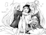  3girls ahoge ahoge_wag asa_(asaaa819) barefoot bracelet cho_kaguya-hime! commentary_request expressive_hair fushi_(cho_kaguya-hime!) greyscale hair_ornament hair_rings hair_stick highres japanese_clothes jewelry kaguya_(cho_kaguya-hime!) kimono long_hair mole mole_under_eye monochrome multiple_girls off_shoulder open_mouth pleated_skirt runami_yachiyo runami_yachiyo_(tsukuyomi) sakayori_iroha school_uniform serafuku shide shirt simple_background skirt twintails white_background yuri 