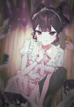 1girl :q balloon bow bow_earrings bowtie bracelet brown_hair buttons cellphone cellphone_photo commentary dress earrings frilled_dress frills hair_bow hairband hand_up happy_birthday highres holding holding_phone index_finger_raised isegye_idol jewelry jururu korean_commentary letter_balloon licking_lips looking_at_viewer neukdaeui-yuhok phone pink_bow pink_bowtie pink_dress pink_eyes plaid_clothes puffy_short_sleeves puffy_sleeves purple_eyes short_sleeves sidelocks smartphone smile solo_focus tongue tongue_out virtual_youtuber waktaverse 