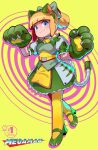  1girl android animal_ears animal_hands armor arms_up blue_eyes boobplate breastplate capcom capelet cat_paws cat_tail claws commentary copyright_logo copyright_name cosplay cover cover_page english_commentary english_text fake_animal_ears faulds full_body gears gloves gradient_thighhighs green_armor green_gloves green_shoes green_skirt hair_ribbon hairband high_heels highres hip_armor joints juliet_sleeves keenbiscuit light_blush logo long_hair long_sleeves looking_at_viewer looking_down maid mary_janes mega_man_(classic) mega_man_(series) miniskirt multicolored_armor numbered official_alternate_costume official_art pelvic_curtain petticoat ponytail puffy_short_sleeves puffy_sleeves ribbon robot_ears robot_joints roll_(mega_man) shoes short_sleeves sidelocks skirt smile solo tail tango_(mega_man) tango_(mega_man)_(cosplay) thighhighs turtleneck udon_entertainment underbust yellow_armor yellow_background yellow_thighhighs 