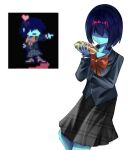  1other alternate_costume aqua_skirt arm_up black_hair black_shirt bow checkered_clothes checkered_skirt collared_shirt commentary_request covered_eyes deltarune expressionless food holding holding_food kris_(dark_world)_(deltarune) kris_(deltarune) leaning_back looking_at_object other_focus red_bow reference_inset s_neu_2 shirt simple_background skirt solo utdr_(toby_fox) white_background 