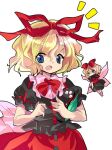  1girl alphes_(style) amo_(shibu3) april_fools black_shirt black_skirt blonde_hair blue_eyes commentary_request fairy hair_between_eyes hair_ribbon hands_up large_variant_set looking_at_viewer medicine_melancholy medium_hair open_mouth parody puffy_short_sleeves puffy_sleeves red_ribbon red_skirt ribbon shirt short_sleeves simple_background skirt solo style_parody su-san touhou upper_body variant_set white_background 