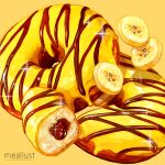  absurdres banana banana_slice ben-day_dots chocolate_syrup commentary_request donut food food_focus fruit haruna_macpro highres no_humans original screentones simple_background sparkle sparkling_aura syrup yellow_background 