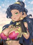  1girl between_breasts black_bridal_gauntlets black_nails blue_eyes blue_hair blush breasts bridal_gauntlets cleavage closed_mouth commentary commission crescent crescent_earrings dark-skinned_female dark_skin earrings english_commentary fingernails fire_emblem fire_emblem:_fortune's_weave gold_choker gold_earrings green_eyes hand_up harem_outfit high_ponytail highres jewelry large_breasts leda_(fire_emblem) long_fingernails looking_at_viewer nail_polish outdoors ponytail redkite333 ring sky smile solo stomach upper_body wavy_hair 