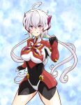  1girl :q ahoge amalgam_(symphogear) bodysuit breasts bubble bubble_background clenched_hand closed_mouth covered_navel cowboy_shot double-parted_bangs floating_hair glint gloves green_streaks hair_between_eyes hand_up headgear impossible_bodysuit impossible_clothes koizumi_akira_(artist) large_breasts light_blush long_hair looking_at_viewer multicolored_gloves multicolored_hair purple_eyes senki_zesshou_symphogear skin_tight smile solo streaked_hair symphogear_pendant tongue tongue_out twintails two-tone_gloves two-tone_hair upper_body very_long_hair white_hair yukine_chris 