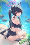  1girl absurdres animal_ear_fluff animal_ears ass bare_shoulders bikini black_bikini black_hair blue_archive blurry blush cat_ears cat_girl commentary_request depth_of_field extra_ears fang frilled_bikini frills hair_between_eyes hair_ribbon halo halterneck highres kooriais long_hair looking_at_viewer ocean official_alternate_costume open_mouth outdoors pink_halo red_eyes ribbon serika_(blue_archive) serika_(swimsuit)_(blue_archive) sitting skin_fang smile solo swimsuit thighs twintails 
