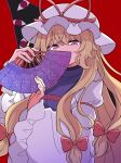  1girl blonde_hair bow commentary_request folding_fan frilled_sleeves frills gap_(touhou) hair_bow hand_fan haruki_reimari hat hat_ribbon highres holding holding_fan long_hair long_sleeves looking_at_viewer mob_cap multiple_hair_bows purple_eyes purple_tabard red_background red_bow red_ribbon ribbon simple_background solo tabard touhou very_long_hair white_hat wide_sleeves yakumo_yukari 