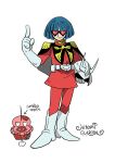  1boy aqua_hair ariga_hitoshi artist_name belt black-framed_eyewear black_cape boots cape char_aznable char_aznable_(cosplay) closed_mouth commentary_request cosplay creature epaulettes facing_viewer fake_horns full_body gelgoog gelgoog_(cosplay) gelgoog_s_char_custom glasses gloves gundam hand_up helmet high_collar holding holding_unworn_helmet horned_helmet horns hyoutantsugi index_finger_raised jacket male_focus military military_uniform mobile_suit_gundam opaque_glasses orange-tinted_eyewear pants rainbow_parakeet rainbow_parakeet_(character) red_jacket red_pants short_hair simple_background smile smirk standing sunglasses tinted_eyewear translation_request unworn_headwear unworn_helmet white_background white_belt white_boots white_gloves zeon 
