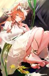  1girl 1other absurdres animal_ear_fluff animal_ears arknights ass_peek bare_legs bare_shoulders barefoot black_suit black_tiara blush bonnet breasts brown_eyes brown_hair carrying carrying_person cat_ears cat_girl chongchongbao_mushi cleavage commentary_request crossed_bangs detached_sleeves dress finger_to_own_chin flower hair_between_eyes hair_flower hair_ornament highres knees_up leaf long_hair looking_at_viewer medium_breasts official_alternate_costume parted_lips plant red_pupils suit tiara toes vendela_(arknights) vendela_(the_enigma_of_roses)_(arknights) vine_on_leg vines white_dress white_flower white_sleeves 