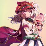  1girl animal_ears bow breasts brown_hair cape closed_mouth commentary_request ear_covers ears_through_headwear green_bow hair_between_eyes hand_puppet hat highres horse_ears horse_girl jacket long_sleeves looking_at_viewer marche_lorraine_(racing)_(umamusume) marche_lorraine_(umamusume) mismatched_ear_covers puppet purple_eyes sanbai2012 short_hair skirt smile solo umamusume white_jacket 