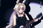  2girls ahoge animal_ears bare_shoulders black_shirt blue_eyes blue_hairband blush bow bowtie breasts collarbone commentary_request detached_sleeves ear_covers ear_ornament grey_hair grey_tail guitar hair_between_eyes hair_ornament hairband headband highres holding holding_guitar holding_instrument horse_ears horse_girl horse_tail instrument long_hair mini_person minigirl multicolored_hair multicolored_hairband multiple_girls obaa-chan_(golden_retriever) oguri_cap_(umamusume) open_mouth purple_bow purple_bowtie purple_shirt red_headband sailor_collar sailor_shirt school_uniform shirt sitting_on_shoulder skirt smile striped_clothes striped_hairband tail tamamo_cross_(umamusume) tracen_school_uniform two-tone_hairband umamusume white_skirt 