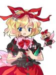  1girl alphes_(style) amo_(shibu3) annoyed april_fools black_shirt black_skirt blonde_hair blue_eyes commentary_request fairy hair_between_eyes hair_ribbon hands_up large_variant_set looking_at_viewer medicine_melancholy medium_hair open_mouth parody puffy_short_sleeves puffy_sleeves red_ribbon red_skirt ribbon shirt short_sleeves simple_background skirt solo style_parody su-san touhou upper_body variant_set white_background 