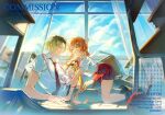  1boy 1girl absurdres animal_ears animalization black_hair blonde_hair blush calico_(pattern) calico_cat cat cat_ears cat_tail classroom commentary commission falling girl_on_top green_eyes gyum_(myyyyyon) haikyuu!! hetero highres kozume_kenma long_hair low_twintails miniskirt multicolored_hair necktie nervous_sweating oc_x_canon pants person_and_animalization red_skirt roots_(hair) school_uniform shirt short_hair short_sleeves skirt surprised sweat tail tripping twintails two-tone_hair untranslatable_commentary very_long_hair white_shirt yarn yarn_ball yellow_eyes 