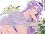  1girl ass barefoot bikini black_hairband breasts commentary_request flower from_behind hairband highres honkai_(series) honkai_impact_3rd long_hair looking_at_viewer masita_(kcsf3528) purple_hair sarong sirin small_breasts soles solo swimsuit symbol-shaped_pupils very_long_hair white_bikini white_sarong x-shaped_pupils yellow_eyes 