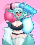  1girl ahoge animal_ears blush breasts cock_ring collar commentary condom condom_on_penis cowboy_shot cum denim denim_shorts english_commentary fang futanari gigantic_penis gigantic_testicles hair_between_eyes heart heart-shaped_pupils heterochromia highres holding_testicles huge_ahoge large_breasts large_penis limebreaker looking_at_viewer navel open_mouth original penis penis_in_own_thighhigh red_eyes sex_toy short_shorts shorts sweat symbol-shaped_pupils tail testicles thighhighs tongue twitching_penis used_condom used_condom_on_penis veins veiny_penis yellow_eyes zipper_pull_tab 