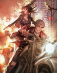  1boy 1girl absurdres bird black_jacket black_shirt brown_hair chain chiyotchan choker commentary_request crow ear_piercing explosion firing gun highres holding holding_gun holding_weapon jacket laughing love_and_deepspace mephisto_(love_and_deepspace) motor_vehicle motorcycle on_motorcycle pants piercing protagonist_(love_and_deepspace) red_eyes red_jacket shirt sylus_(love_and_deepspace) sylus_(rainlit_night)_(love_and_deepspace) torn_clothes torn_pants weapon white_hair 
