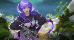  1girl apex_legends blue_eyes commentary dragon_girl dragon_tail english_commentary ex-trident eyebrows_visible_through_hair fangs gun head_wings heterochromia highres long_sleeves looking_at_viewer nijisanji nijisanji_en open_mouth outdoors plant purple_eyes purple_hair r-99_smg selen_tatsuki solo standing submachine_gun tail teeth tongue water weapon 