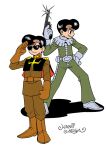  1boy ariga_hitoshi artist_name black_capelet black_eyes black_hair bodysuit boots brown_boots brown_gloves brown_jacket brown_pants capelet closed_mouth commentary_request epaulettes evil_smile glint gloves green_bodysuit grey_gloves grey_shoes gun gundam hand_on_own_hip hand_up handgun high_collar holding holding_gun holding_weapon jacket male_focus mecha_pilot_suit military military_uniform mobile_suit_gundam multiple_views normal_suit_(gundam) pants parted_lips red_capelet rock_(tezuka_osamu) salute shoes short_hair simple_background smile smirk standing sunglasses tezuka's_star_system two-sided_capelet weapon white_background zeon 
