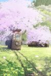 abandoned blue_sky cherry_blossoms dated flower forest grass highres landscape nature no_humans original outdoors overgrown petals pochi_(poti1990) railroad_tracks rust scenery shade signature sky streetcar tunnel window 