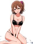  1girl arms_between_legs bare_legs barefoot bikini black_bikini bracelet breasts brown_eyes brown_hair collarbone gold_bracelet hair_ornament hair_scrunchie hairclip highres idolmaster idolmaster_million_live! jewelry kasuga_mirai looking_at_viewer medium_breasts navel one_side_up scrunchie short_hair simple_background sitting solo swimsuit the_end_of_chun white_background 