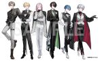  6+boys aimery_cenoir akadajohnson02 amaki_rou ascot bandaid bandaid_on_cheek bandaid_on_face belt belt_buckle belt_pouch black_ascot black_belt black_boots black_bow black_bowtie black_coat black_gloves black_hair black_jacket black_necktie black_pants black_shirt black_shoes black_vest blonde_hair blue_eyes blue_hair blunt_sidelocks boots boutonniere bow bowtie boys_be_maid! brooch brown_boots brown_eyes brown_hair buckle closed_mouth coat collared_shirt commentary_request copyright_notice cross-laced_shoes dog_tags double-parted_bangs dress_shoes expressionless floral_print floral_print_coat flower flower_knot formal_clothes full_body gears gloves green_bow green_bowtie green_coat grey_eyes grey_pants grey_vest hair_between_eyes hair_over_one_eye hair_over_shoulder hand_on_own_chin hand_on_own_elbow hand_on_own_hip hand_up highres himeutsugi_rei interlocked_fingers jacket jacket_on_shoulders jewelry kiku_shumei kisaki_yoka lace-up_boots lapel_pin lapels lineup long_hair long_sleeves looking_at_viewer low_side_ponytail male_focus medal mole mole_under_eye money_gesture multiple_belts multiple_boys necktie notched_lapels official_art open_clothes open_coat own_hands_together oxfords pants pants_tucked_in parted_lips pink_eyes pink_hair pocket_watch pouch print_coat purple_eyes red_coat red_necktie sample_watermark shirt shoes short_hair side_ponytail sidelocks simple_background smile socks standing steepled_fingers striped_bow striped_bowtie striped_clothes suit suit_jacket suit_pants tailcoat takashina_ranto thigh_belt thigh_strap traditional_bowtie two-sided_coat two-sided_fabric undercut vest wallet_chain watch watermark white_ascot white_background white_boots white_flower white_gloves white_hair white_jacket white_pants white_shirt white_shoes white_socks white_vest yellow_eyes 