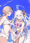  2girls absurdres azusa_(blue_archive) azusa_(swimsuit)_(blue_archive) bare_shoulders bikini blue_archive breasts brown_eyes brown_hair commentary_request dice_choco flower frilled_bikini frills grey_hair hair_flower hair_ornament halo hifumi_(blue_archive) hifumi_(swimsuit)_(blue_archive) highres multiple_girls navel official_alternate_costume official_alternate_hairstyle purple_eyes small_breasts swimsuit thighs white_bikini yellow_halo 
