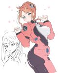  1girl aida_rayhunton ass blue_eyes breasts collar commentary gundam gundam_g_no_reconguista hair_bun highres large_breasts long_sleeves looking_at_viewer mecha_pilot_suit normal_suit_(gundam) orange_hair science_fiction shirt twisted_torso unzipped white_background white_shirt yu_ma_yun 