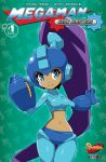  1girl arm_cannon armor blue_armor blue_bodysuit blue_eyes blue_gloves blue_gorget blue_helmet blue_thighhighs blush_stickers bodysuit breasts capcom closed_mouth copyright_logo copyright_name cosplay cover cover_page cowboy_shot english_text gears gloves headphones helmet highres light_blush logo long_eyelashes long_hair looking_at_viewer medium_breasts mega_man_(character) mega_man_(character)_(cosplay) mega_man_(classic) mega_man_(series) midriff navel numbered official_art ponytail purple_hair robot_ears shantae shantae_(series) smile thighhighs turtleneck udon_entertainment upper_body very_long_hair weapon wide_hips 