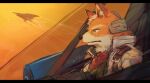  1boy animal_ears arwing canopy_(aircraft) closed_mouth cockpit fox_boy fox_ears fox_mccloud furry furry_male hanaon highres jacket male_focus neckerchief orange_sky profile red_neckerchief sky star_fox upper_body white_jacket 