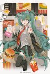  1girl absurdres animal_ears aqua_eyes aqua_hair bag bare_shoulders black_boots black_skirt boots burger cat_ears coca-cola commentary cup detached_sleeves disposable_cup food french_fries grey_shirt hair_ornament hatsune_miku highres holding holding_bag long_hair looking_at_viewer mcdonald's necktie number_tattoo open_mouth pleated_skirt product_placement red_necktie shakacat shirt shoulder_tattoo skirt sleeveless sleeveless_shirt solo standing standing_on_one_leg striped_clothes striped_shirt tattoo twintails very_long_hair vocaloid yuanshu 