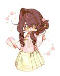  1girl blush braid brown_hair closed_mouth commentary_request deformed dot_nose dress_shirt drill_hair flower full_body green_eyes green_skirt hair_between_eyes hair_flower hair_ornament hair_over_one_eye hand_up holding long_hair long_skirt long_sleeves looking_at_viewer original persephone_(unholymilk) pink_shirt pleated_skirt shirt side_braid side_drill skirt solo sparkle sparkling_aura thai_commentary unholymilk variant_set white_background wide_sleeves 