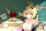 1girl :q absurdres alternate_breast_size_(larger) areola_slip arm_up bad_id bad_twitter_id bandaid bandaids_on_nipples black_coat black_horns black_tail black_wings blonde_hair blue_archive blush breasts chalkboard coat crossed_bandaids demon_horns demon_tail demon_wings english_text halo haniwa_(statue) highres holding holding_pregnancy_test horns ibuki_(blue_archive) indoors interlocked_mars_and_venus_symbols large_breasts long_hair long_sleeves looking_at_viewer mars_symbol naked_coat off_shoulder open_clothes open_coat outstretched_arm pasties pregnancy_test rinringyo solo tail tongue tongue_out twintails upper_body venus_symbol wings yellow_eyes yellow_halo 