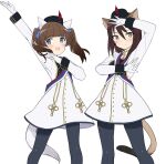  2girls animal_ears aohashi_ame aviation_magic_band black_hair black_pantyhose blue_eyes brave_witches brown_eyes brown_hair cat_ears cat_tail commentary_request dress eleonore_giovanna_gassion feet_out_of_frame garrison_cap georgette_lemare gloves hat highres long_hair luminous_witches multiple_girls pantyhose simple_background smile standing tail twintails unfinished white_background white_dress white_gloves world_witches_series 