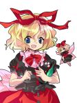  1girl alphes_(style) amo_(shibu3) april_fools black_shirt black_skirt blonde_hair blue_eyes commentary_request fairy hair_between_eyes hair_ribbon hands_up large_variant_set looking_at_viewer medicine_melancholy medium_hair open_mouth parody red_ribbon red_skirt ribbon shirt simple_background skirt smile solo style_parody su-san touhou upper_body variant_set white_background 