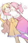  !? 2girls @_@ blonde_hair blue_eyes blunt_bangs blush bow closed_eyes drill_hair elbow_gloves fold-over_gloves gloves hair_bow high-waist_skirt highres hug long_hair magia_magenta magia_sulfur magical_girl mahou_shoujo_ni_akogarete multiple_girls musical_note open_mouth pink_bow pink_gloves pink_hair pink_skirt shirt simple_background skirt skyy459897 spoken_musical_note sweatdrop teeth twin_drills upper_teeth_only very_long_hair white_background white_shirt yellow_bow yellow_gloves yellow_skirt yuri 