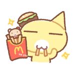  :3 =_= animal animal_focus bear bear_(summernight_12) burger cat cat_(summernight_12) chibi chibi_only commentary_request food french_fries highres holding holding_food korean_commentary mcdonald's no_humans original simple_background sparkle summernight_12 white_background 