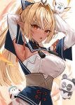  1girl armpits arms_up blonde_hair bow breasts chinese_knot cleavage commentary_request dark-skinned_female dark_elf dark_skin detached_sleeves elf elfriend_(shiranui_flare) hair_between_eyes hair_bow hair_intakes hair_ribbon high_ponytail hololive kintsuba_(shiranui_flare) large_breasts long_hair looking_at_viewer multicolored_hair open_mouth orange_eyes pointy_ears ponytail redrawn ribbon rum_raisin_(chihiromakita19) shiranui_flare shiranui_flare_(old_design) sidelocks solo_focus streaked_hair tassel twitter_username underbust upper_body virtual_youtuber white_sleeves 