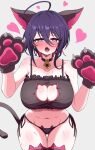  1girl absurdres ahoge animal_ears animal_hands bell black_bra black_panties blush bra breasts cat_cutout cat_ear_panties cat_ears cat_lingerie cat_paws cat_tail choker cleavage cleavage_cutout clothing_cutout collarbone commentary_request earrings frills gloves heart heart-shaped_pupils highres indie_virtual_youtuber izumi_rei_(vtuber) jewelry jingle_bell kaiju_ryoku large_breasts looking_at_viewer multicolored_hair navel neck_bell open_mouth panties paw_gloves purple_eyes purple_hair short_hair side-tie_panties simple_background solo sweat symbol-shaped_pupils tail thighhighs underwear 